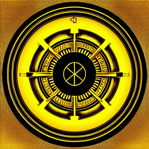 Prompt: intricate and detailed arcane symbol, circular, symmetrical, golden hues, black background, artstation, 4 k