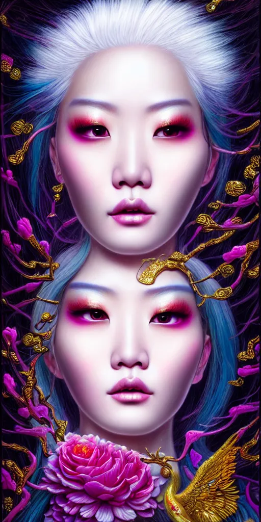 Prompt: hyperrealistic close-up of beautiful chinese woman with white hair and iridescent gold skin hannah yata dramatic neon lighting