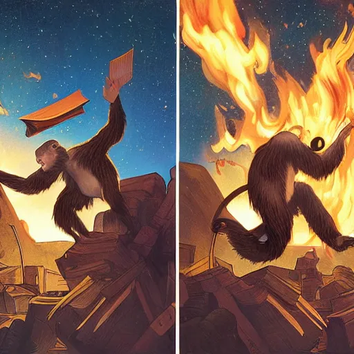 Image similar to [two monkeys throwing books in a bonfire, behind them space rockets are taking off. propaganda, closeup, D&D, intricate, elegant, highly detailed, digital painting, artstation, concept art, matte, sharp focus, illustration, art by Artgerm and Greg Rutkowski and Alphonse Mucha and Enki Bilal]