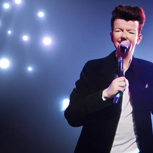 Prompt: young Rick Astley performing Never Gonna Give You Up, singing into a microphone, dancing, black suit, striped shirt, light background, full color photograph, 4k