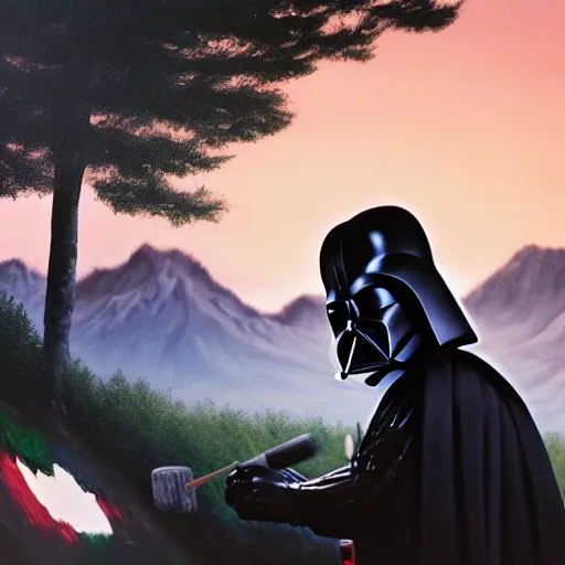 Image similar to a closeup photorealistic photograph of bob ross working on a canvas painting of darth vader. film still. brightly lit scene. mountains and trees. this 4 k hd image is trending on artstation, featured on behance, well - rendered, extra crisp, features intricate detail, epic composition and the style of unreal engine.