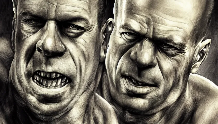 Prompt: bruce willis is hulk paint by various artists, hyperdetailed, artstation, cgsociety, 8 k