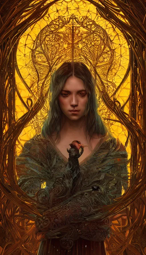 Prompt: bird in a cage, fame of thrones, lord of daggers, neon, fibonacci, sweat drops, insane, intricate, highly detailed, digital painting, artstation, concept art, smooth, sharp focus, illustration, Unreal Engine 5, 8K, art by artgerm and greg rutkowski and alphonse mucha