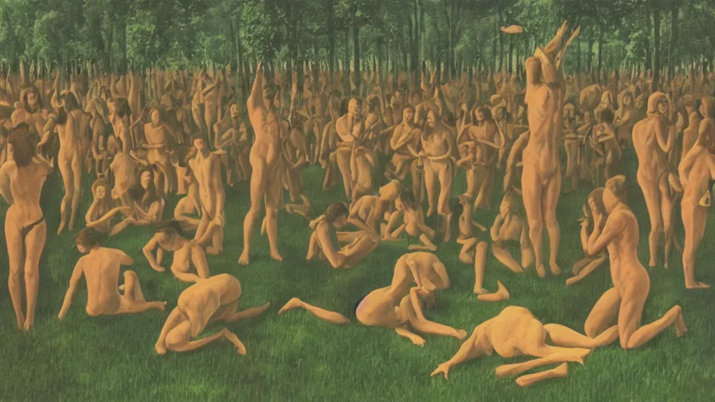 Prompt: A vintage scientific illustration from the 1970s of a Swedish cult performing a human sacrifice to the gods during the midsummer festival in Sweden in the summer on the meadows by René Magritte