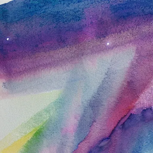 Prompt: high - angle view, close - up portrait, vague uap interstellar vehicle on top of an ephemeral rainbow in the sky, muted abstract geometric watercolor. minimalist, detailed, heavy under paint, muted colors. ue 5