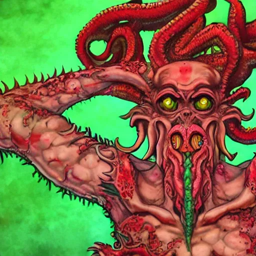 Prompt: 4 k colored headshot of godlike cthulhu with defined arms and open hands and bloody clothes with giant mandala wings, intricate face, flawless anime cel animation by kentaro miura, psychedelic, highly detailed upper body, professionally post - processed, beautiful, scary, symmetry accurate features, epic, octane rendered, anime masterpiece, accurate