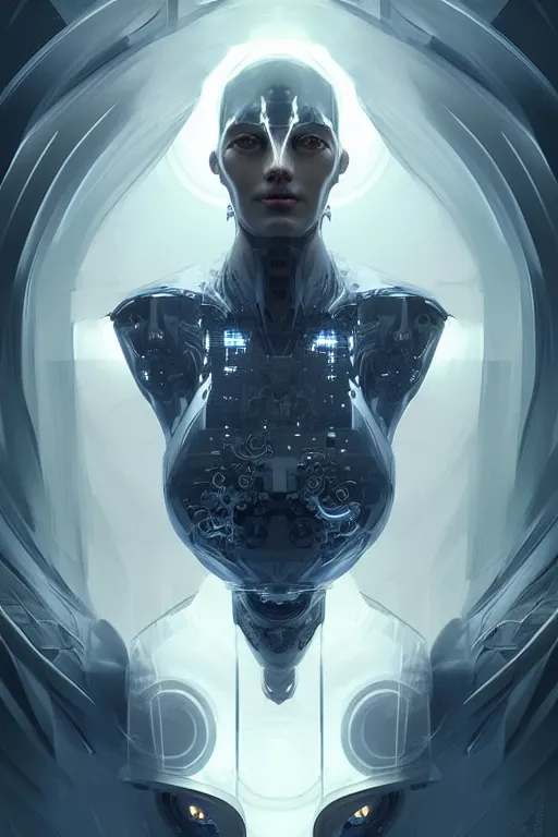 Image similar to professional concept art symmetrical portrait of a horrendous robotic fractal species in a dark room by artgerm and greg rutkowski. an intricate, elegant, highly detailed digital painting, concept art, smooth, sharp focus, illustration, in the style of cam sykes.