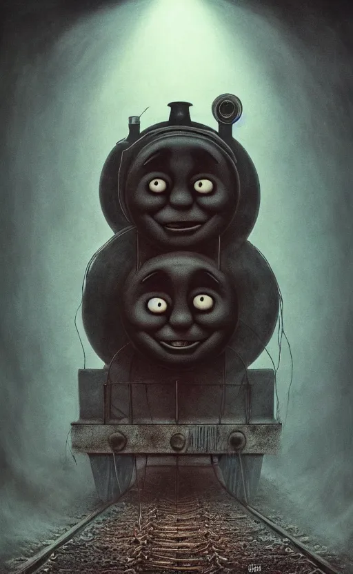 Image similar to thomas the tank engine in style of zdzisław beksinski, extremely dramatic lighting, 8 k, tendrils, black, darkness, black slime tendrils, infected, rust, body horror, thomas the train, thomas the tank engine face, horror,