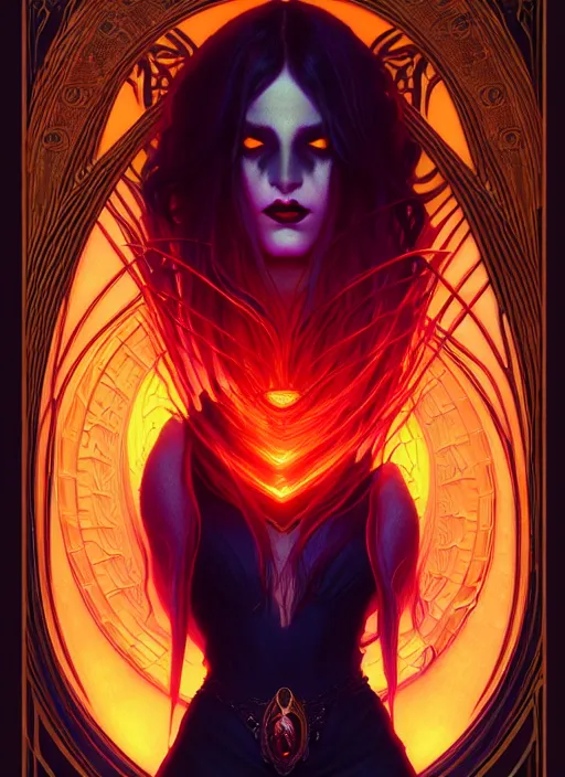 Image similar to book cover, front portrait, dark witch with black hood and evil eyes, realism, soft, smooth, luminescent, art nouveau tarot, backlit glow, colorful swirly ripples, gaudy colors, aesthetic octane render, unreal engine, 8 k, by artgerm, greg rutkowski, alphonse mucha