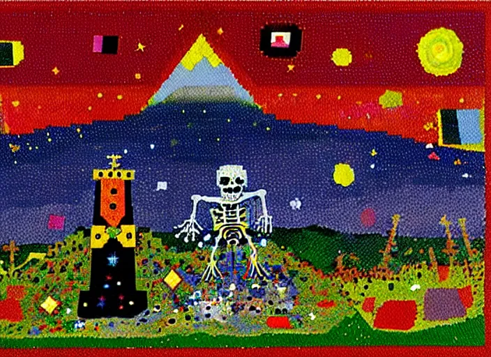 Image similar to pixel decollage painting tarot lovers card composition tower of babel road red armor maggot bear and wonky alien frog skeleton knight on a horse in a dark red cloudy night sky with golden foil jewish stars and diamonds, mountain lake and blossoming field in background, painted by mark rothko, helen frankenthaler, danny fox and hilma af klint, pixelated, expressionism