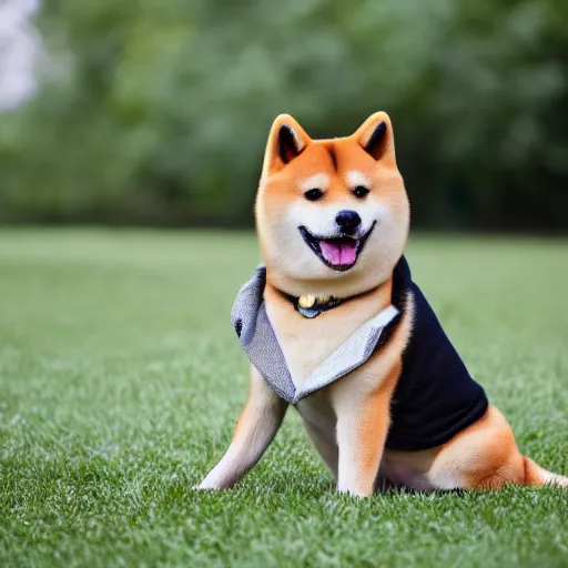 Prompt: professional photograph of a shiba inu wearing a fancy outfit, high quality, HD, 8K, highly detailed