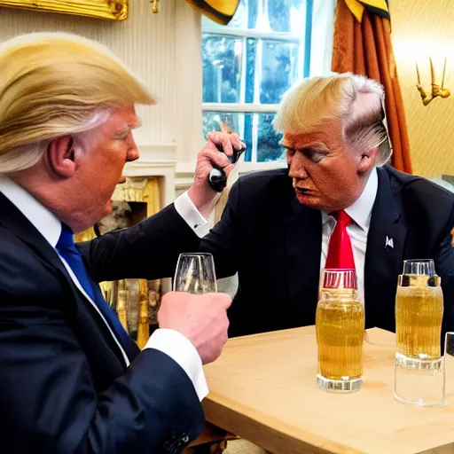 Prompt: Donald Trump drinking a pastis with Emmanuel Macron