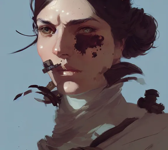 Image similar to portrait victorian era warrior, by atey ghailan, by greg rutkowski, by greg tocchini, by james gilleard, by joe fenton, by kaethe butcher, by ashley wood, dynamic lighting, gradient light blue, brown, blonde cream and white color scheme, grunge aesthetic