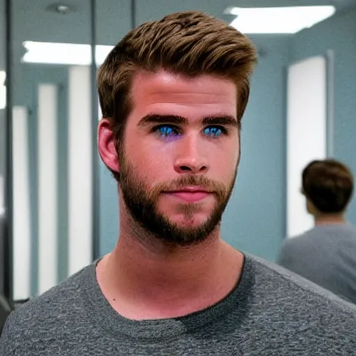 Image similar to “a realistic detailed photo of a guy who is an attractive humanoid who is half robot and half humanoid, who is a male android, actor Liam Hemsworth, shiny skin, posing like a statue, blank stare, at the museum, on display”