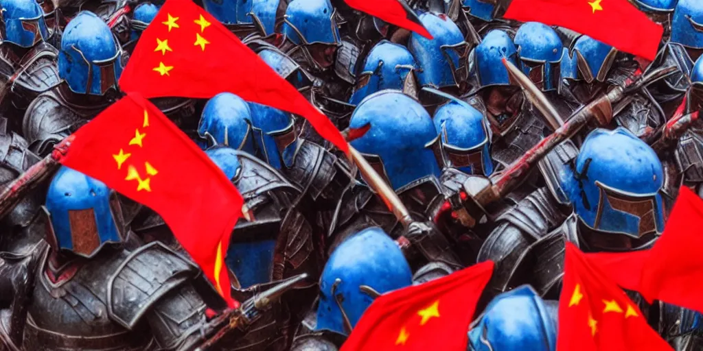 Prompt: mid action shot cinematic artwork of an army of warriors in blue armor fighting an ancient Chinese army wearing red armor and holding red flags on the battlefield by greg rutowski, masterpiece, 4k