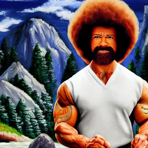 Prompt: dwayne johnson as bob ross, zoomed into his face while he is painting a painting, ultra realistic, hd, 8 k, happy little trees