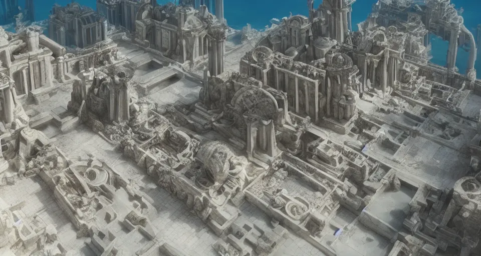 Prompt: an underwater view of the huge lost city of Atlantis, fully built buildings, white marble, hyper detailed, 4K