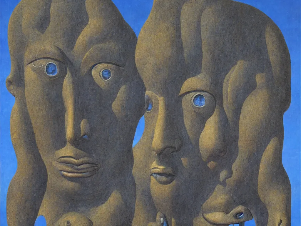 Image similar to African god mask, sculpture, giant, blue eyed, looking from the needle. Boulders of marbled rocks. Painting by Rene Magritte, Jean Delville, Max Ernst, Maria Sybilla Merian, Alfred Kubin