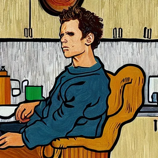 Prompt: a golden god, dennis reynolds, sitting in a throne in a kitchen in the style of van gogh