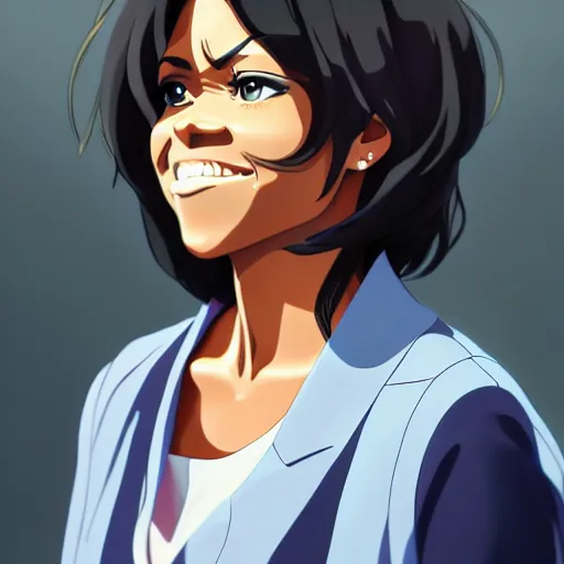 Image similar to beautiful makoto shinkai anime style digital painting portrait of michelle obama, 4 k, 8 k, hd, high resolution, highly detailed, intricate detail, ultra realistic faces, digital art, trending on artstation, your name, weathering with you
