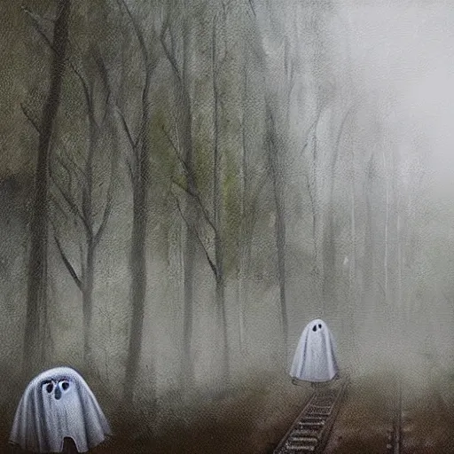 Image similar to ominous bedsheet ghost standing near train tracks in the forest, oil painting, brush strokes, gloomy foggy atmosphere, symmetrical, full body image, highly ornate intricate details,