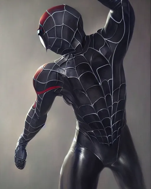 Prompt: hybrid of a bulky stealth suit and spider - man, photorealistic oil painting, hyperdetailed, realistic