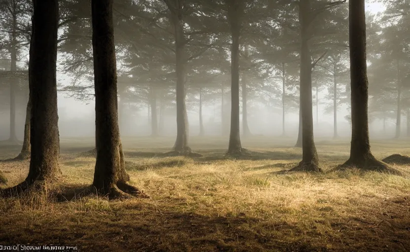 Image similar to incredible wide shot of the interior of a neolithic temple in the forest, dusk, light fog