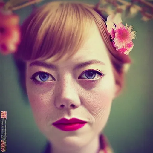 Prompt: “ emma stone portrait by ichiro tsuruta, drawing, realistic, sharp focus, japanese, dreamy, nostalgia, faded, golden hues, floral clothes ”