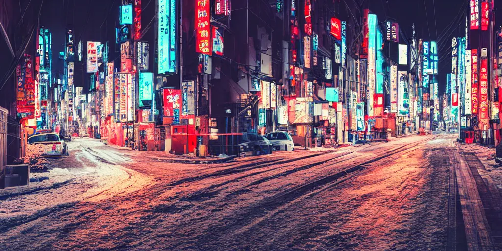 Image similar to a city street at night, snowing, photograph, cyberpunk, sharp focus, intricate detail, drone shot, high resolution, 8k, neon streetlights, wires hanging down everywhere, Japan, colourful, streets filled with cats