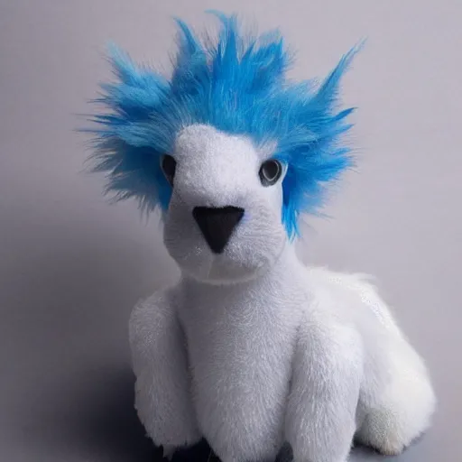 Prompt: white furry dragon with a blue neck mane and 2 grey horns