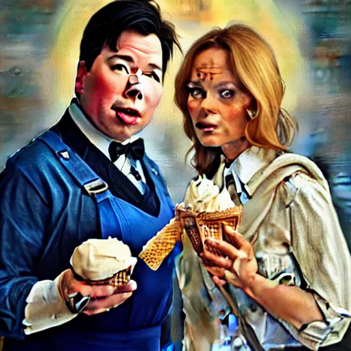 Image similar to michael mcintyre & a blonde fuller figured barbara bach from the bond film wearing blue dungarees and eating ice creams, real life skin, intricate, elegant, highly detailed, artstation, concept art, smooth, sharp focus, art by artgerm and greg rutkowski and alphonse mucha