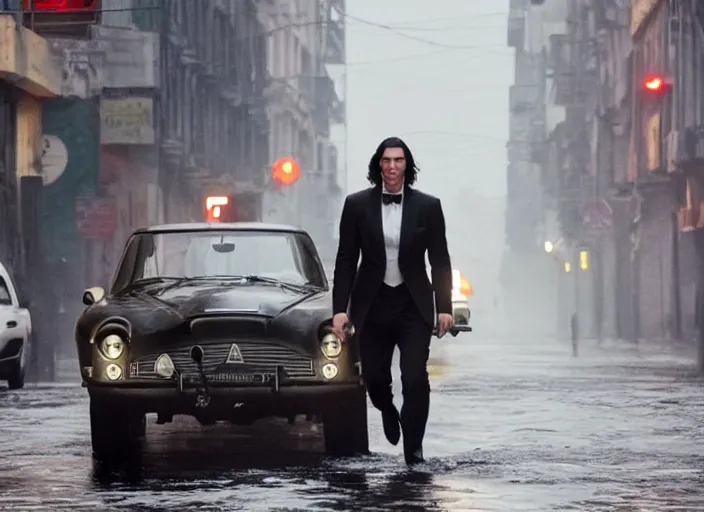 Prompt: first official image from bond 2 6, starring adam driver as agent 0 0 7, riding a shark through the streets of valparaiso, chile in heavy rain. directed by alejandro inarritu. stunning cinematography, kodak vision 2 0 0 t, high contrast, anamorphic lens, chromatic aberration.