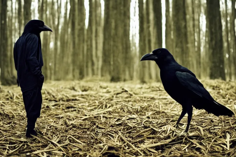 Image similar to !! human mixed with a crow, photograph captured in a dark forest