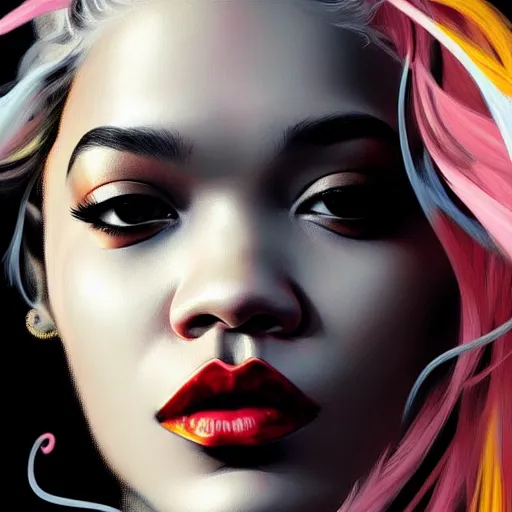 Prompt: Rita Ora , colorful painting on grey scale face, powerful , magic, thunders, dramatic lighting, intricate, wild, highly detailed, digital painting, artstation, concept art, smooth, sharp focus, illustration, art by artgerm and greg rutkowski and alphonse mucha, footage