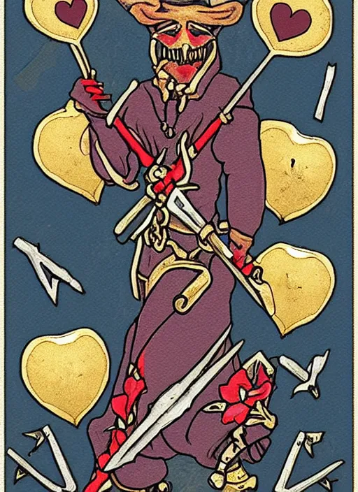 Prompt: tarot card :: horror :: hearts and roses :: gold and silver :: guns and swords :: by Yurtsev and Darkchylde