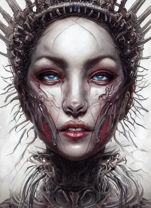 Image similar to a hyper detailed anime face portrait of the queen of blades smiling, with a beautiful face, by dorian cleavenger, greg rutkowski, wlop, astri lohne, zdzisław beksinski trending on artstation