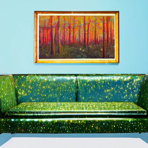 Image similar to psychedelic couch sofa in the lush pine forest, milky way, moose antlers, designed by arnold bocklin, jules bastien - lepage, tarsila do amaral, wayne barlowe and gustave baumann, cheval michael, trending on artstation, star, sharp focus, colorful refracted sparkles and lines, soft light, 8 k 4 k