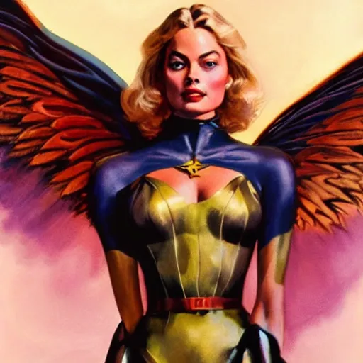 Prompt: ultra realistic portrait painting of margot robbie with beautiful extravagant wings in x - men, art by frank frazetta, 4 k, ultra realistic, highly detailed, epic lighting.