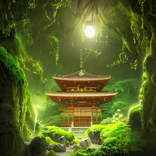 Image similar to japanese temple in lush cave with glowing emeralds and vines hanging from the ceiling, sharp focus, cinematic light, artgerm, cgsociety, desaturated, highly detailed