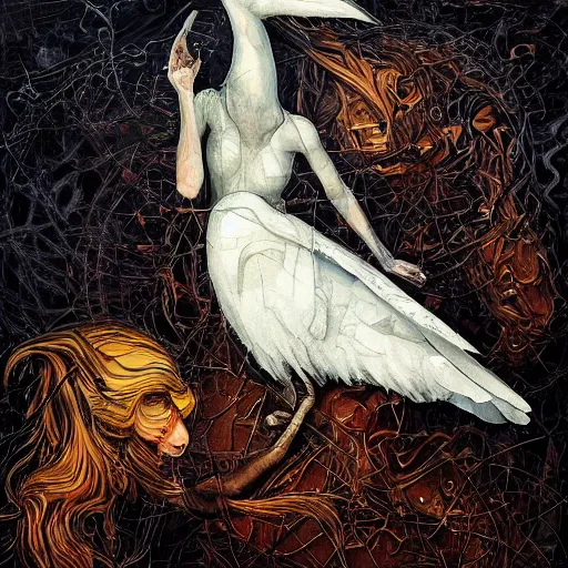 Image similar to artemixel, white crow bringing rabbit leg to a occult witch by android jones and m. c. escher collaboration, futurist, digital art, dramatic lighting by nicola samori and jeffrey smith, oil on canvas