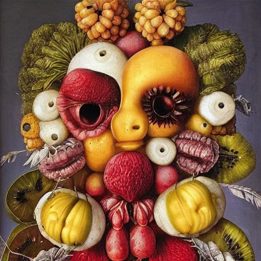 Image similar to giuseppe arcimboldo, delicate fruit faces, new scifi movie