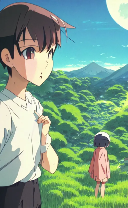 Prompt: a pocket monster go card from 1 9 5 0, illustration, clear sky background, lush landscape, concept art, anime key visual, trending pixiv fanbox, by wlop and greg rutkowski and makoto shinkai and studio ghibli and kyoto animation, realistic anatomy, symmetrical facial features, short hair, hair down, adult beetle trainer, box art