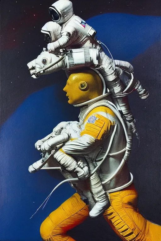 Prompt: astronaut carrying a horse on his shoulders, hauntingly surreal, highly detailed painting by francis bacon, edward hopper, adrian ghenie, gerhard richter, and james jean soft light 4 k,
