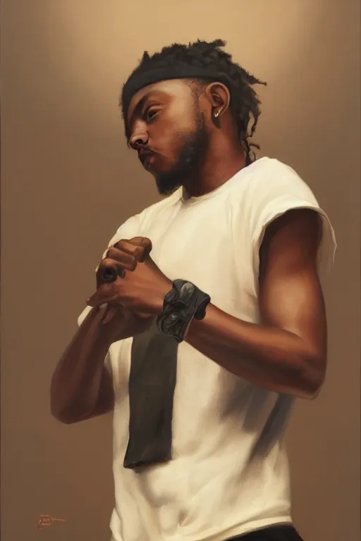 Image similar to Kendrick Lamar, oil on canvas, artstation, by Basquiat, J. C. Leyendecker and Edmund Blair Leighton and Charlie Bowater, octane render