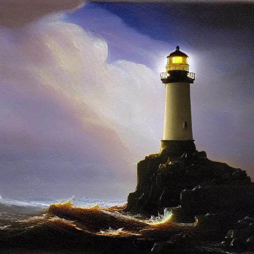 Image similar to painting of light house rocky coast stormy seas night time lighthouse illuminating the dark volumetric lighting in the style of thomas cole course of empires