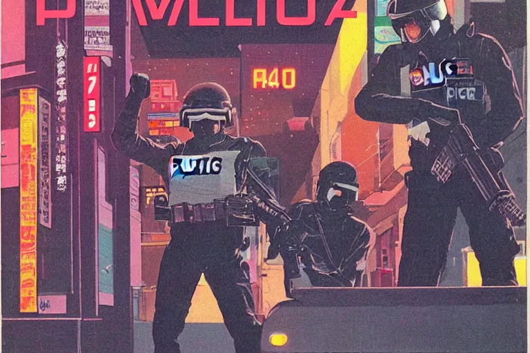 Image similar to 1979 OMNI Magazine Cover of a police stopping a downtown convenience store robbery in neo-Tokyo in cyberpunk style by Vincent Di Fate