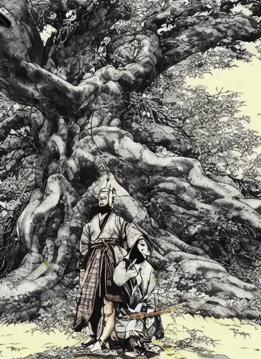 Prompt: a samurai resting beneath a giant tree, by takehiko inoue and kim jung gi and hiroya oku, masterpiece ink illustration