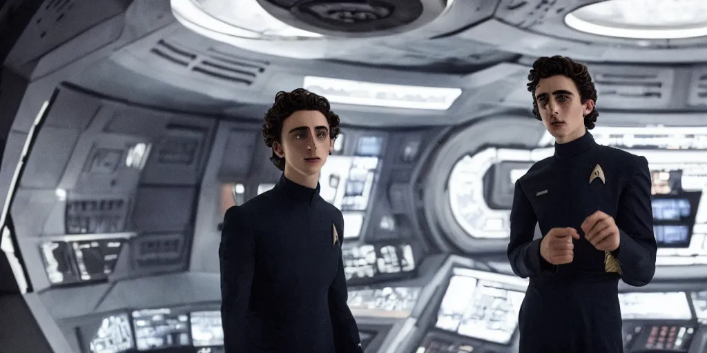 Prompt: Timothée Chalamet plays as captain in Star Trek Deep Space Nine, warp core in the background, 35mm photography, highly detailed, cinematic lighting, 4k, movie still