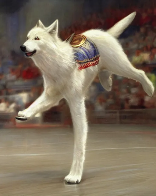 Image similar to an athletic white female anthro wolf skating at a roller derby, 4 k, furaffinity, fursona, trending on artstation, energetic, speed, motion blur, by gaston bussiere, craig mullins, sakimichan, gustav klimt, artgerm, greg rutkowski, alphonse mucha