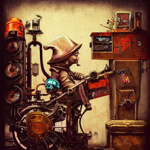 Image similar to Graffiti Spraypaint A gnome gnome riding a steampunk automaton clockwork golem golem jim lambie anato finnstark james gurney norman rockwell greg rutkowski basquiat alberto sughi tombow